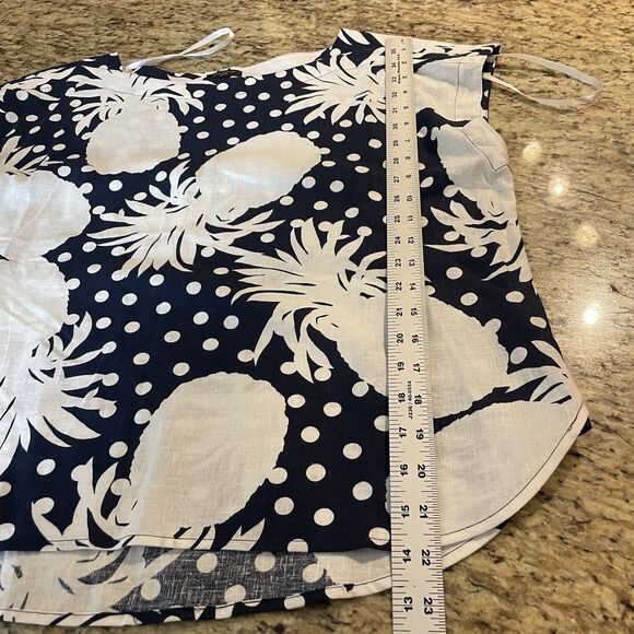 Ann Taylor Womens Petite L Blue White Pineapple Polka Dot Linen Blend Blouse - Picture 9 of 9